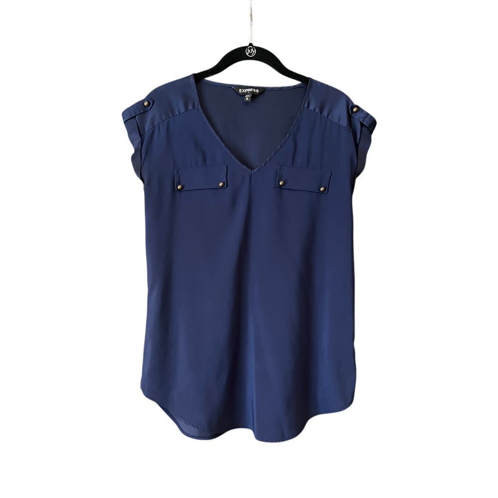 Express Navy V-Neck Blouse w/ Military Details Brass‎ Buttons Office Wear XS